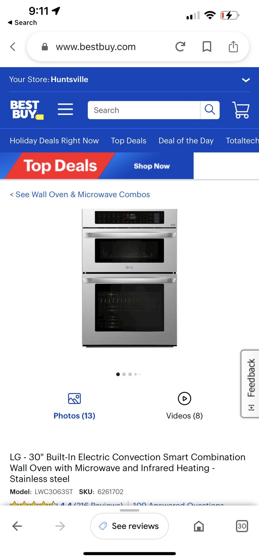 LG Wall Oven Microwave Combo LWC3063ST