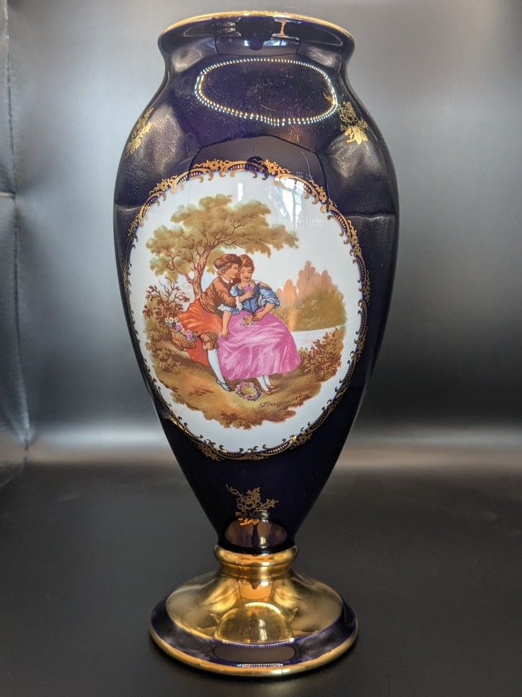 Limoges Castel Fragonard Cobalt Blue Gold Accented Porcelain Vase - Courting Couple