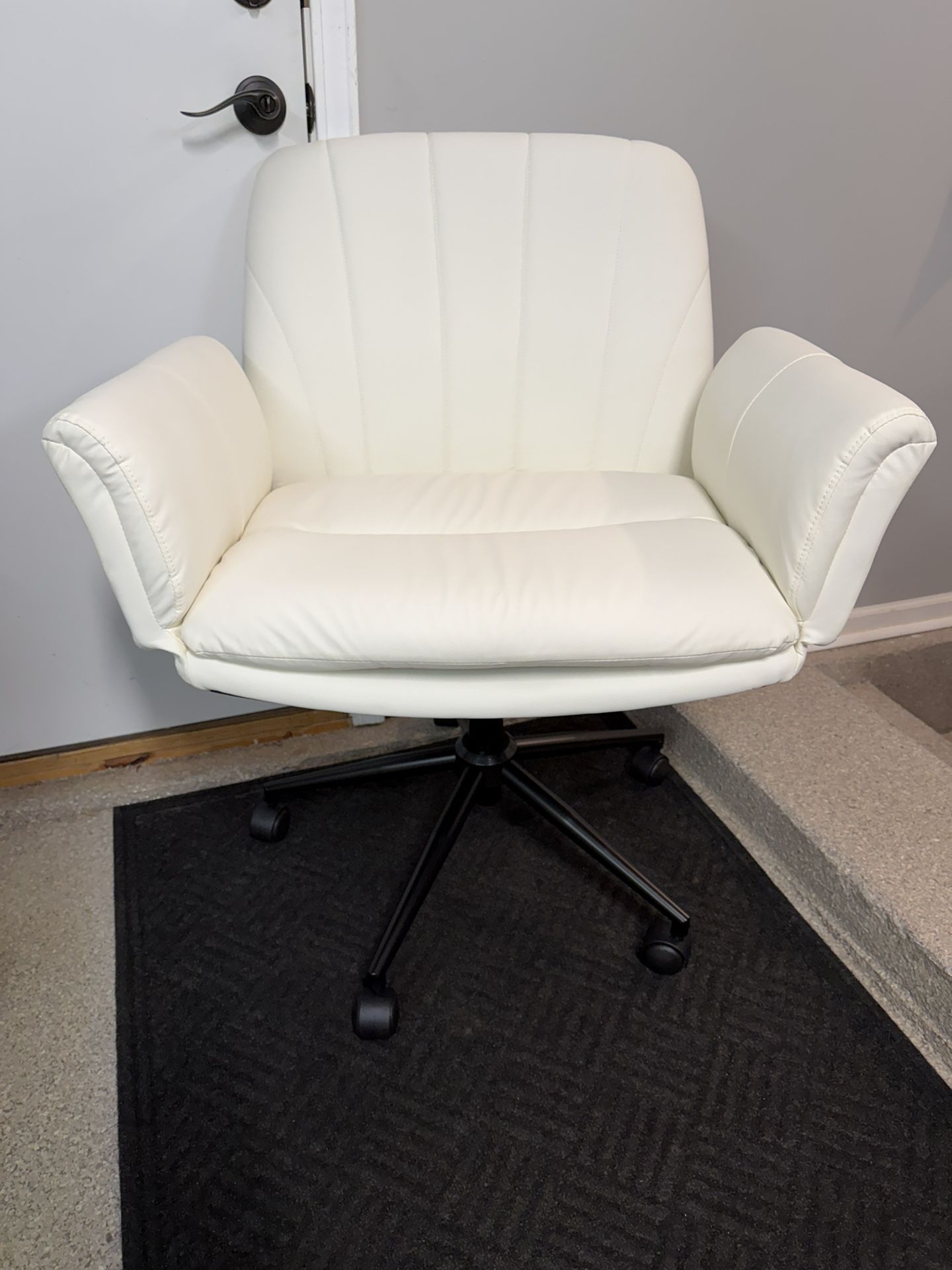 Brand New White Vegan Leather Criss Cross Wide Seat Vanity/Office Chair w/Fold Down Armrests