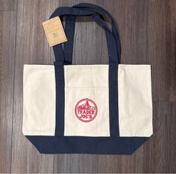 Trader Joe’s LARGE Reusable Heavy Canvas Shopping Bag, Off White & Navy Blue