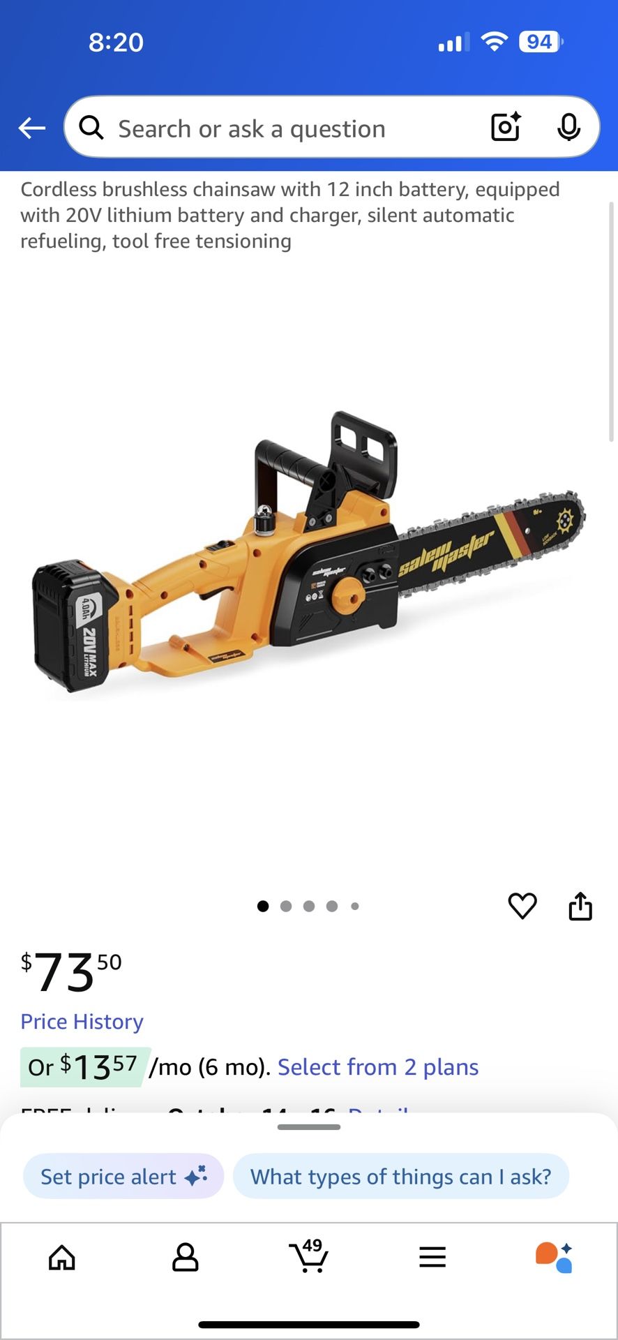 Cordless brushless chainsaw with 12 inch battery, equipped with 20V lithium battery and charger, silent automatic refueling, tool free tensioning