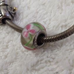 Sterling Silver Murano Glass Pink & White Flower Floral Bracelet Charm