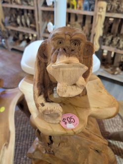 Hand-Carved Wooden Monkey Sculpture