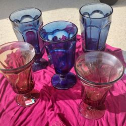 5 Vintage Stemmed Drinking Glasses Water Goblets Blue And Amethyst