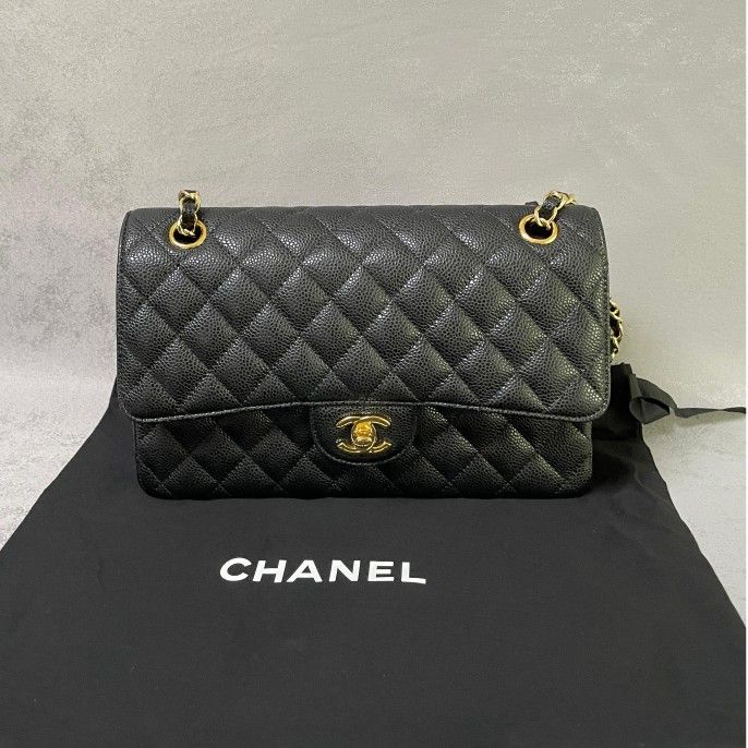Chanel CF Classic Flap Chain Medium Double Gold Caviar Black