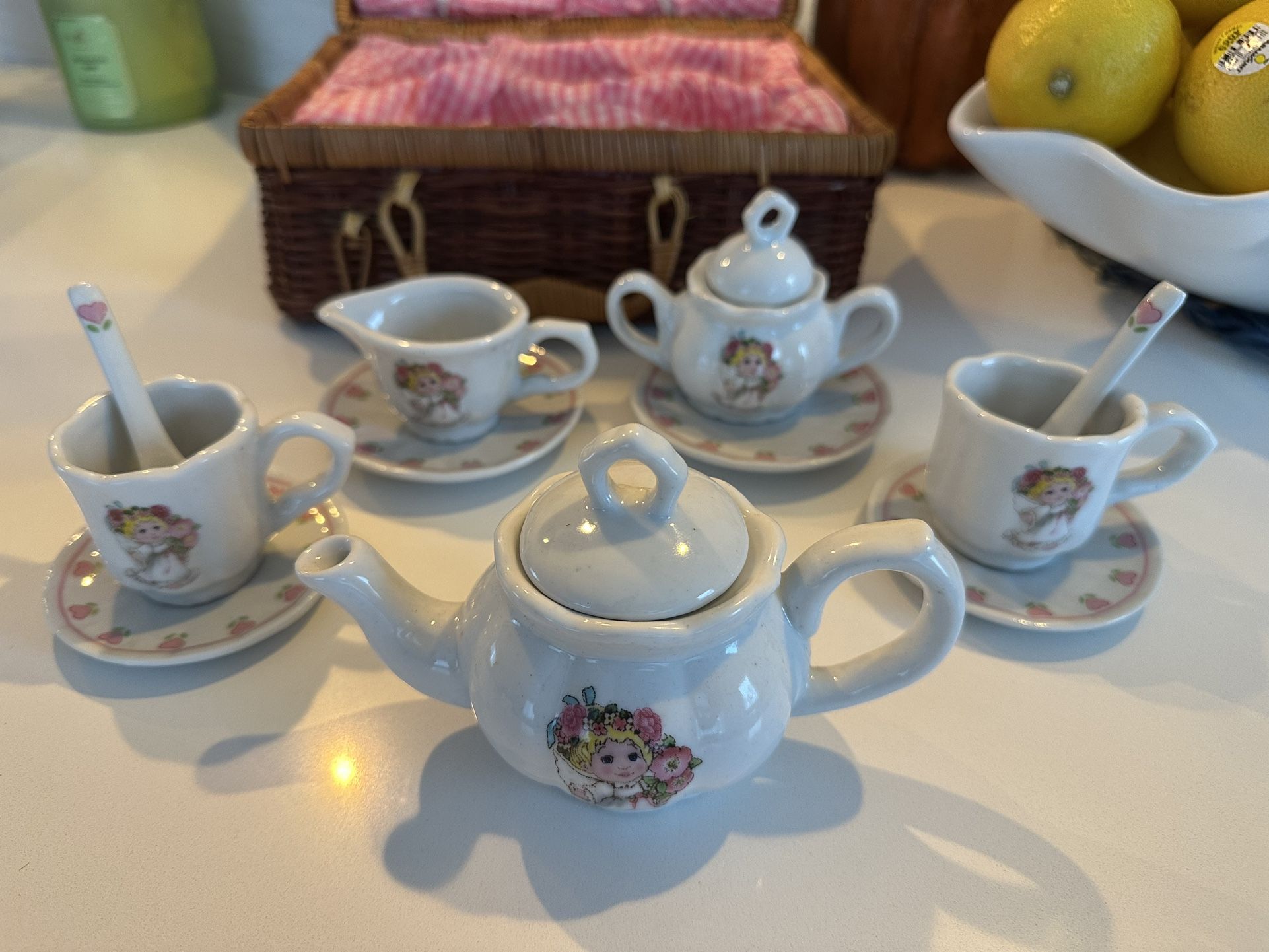 Delton Collectible Porcelain Children’s Tea Set w/ Wicker Basket 