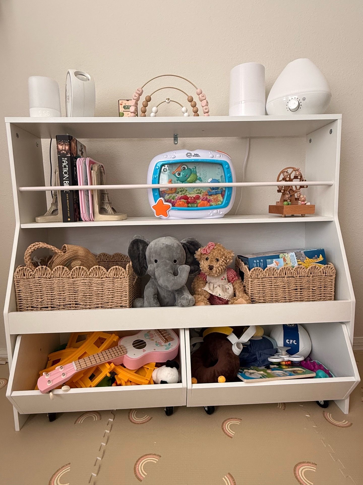 White Toy Storage Cabinet with pullout drawers