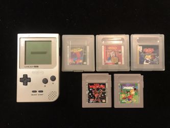 Nintendo Gameboy Pocket Silver+5 Games Spider-Man Yu-gi-oh Boxxle Wrestling Bart(Missing battery cover)