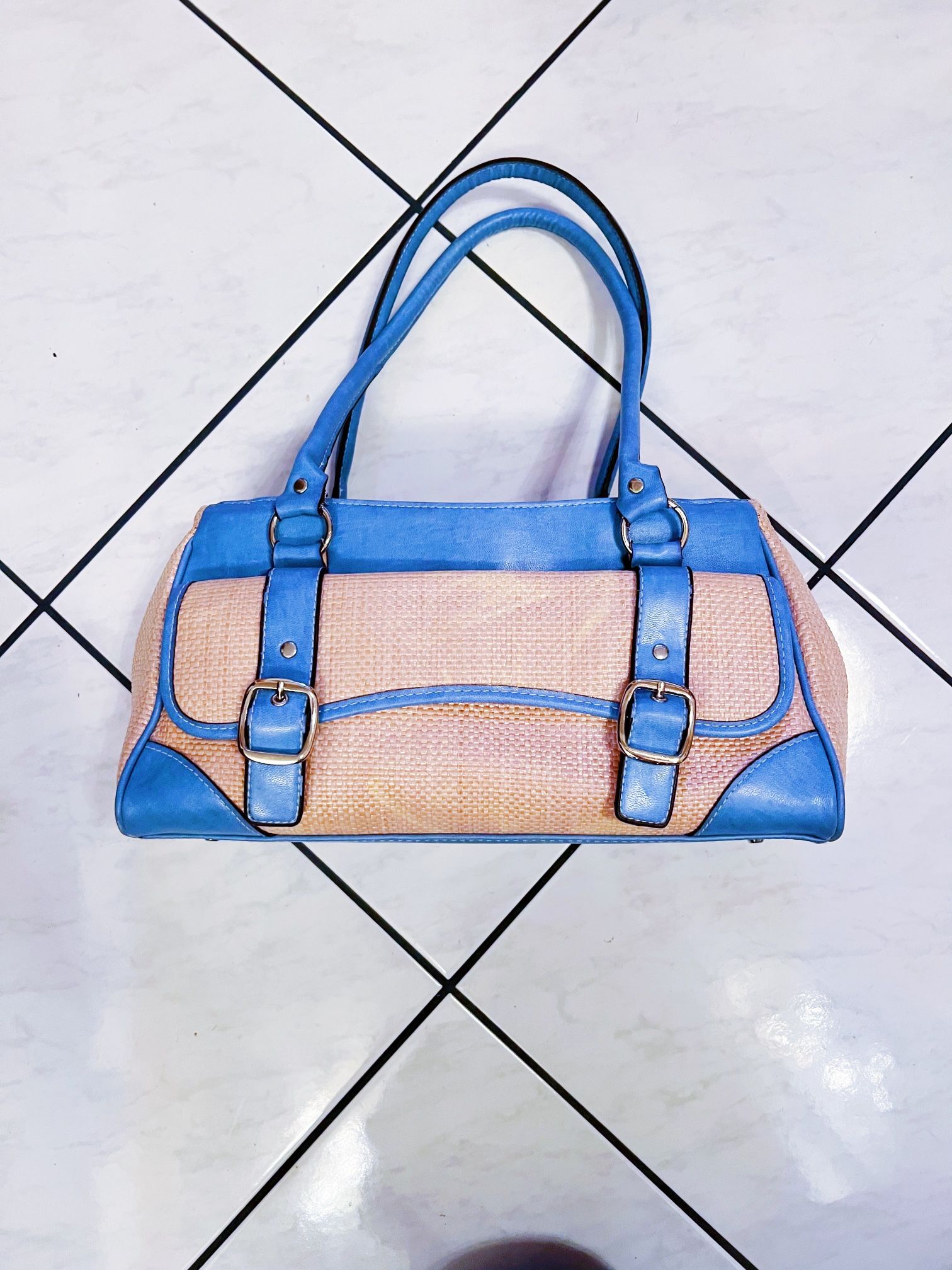 Blue Tan Long Handle Purse