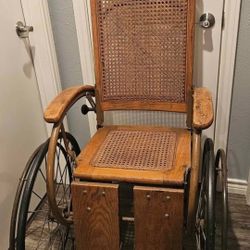 Antique Wooden & Wicker Rattan Wheelchair