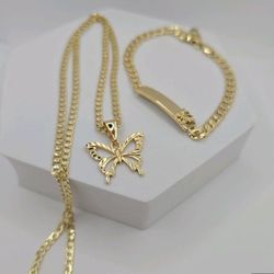 Butterflies Set Chain With ID Bracelet  Gold-plated CUBAN STYLE 