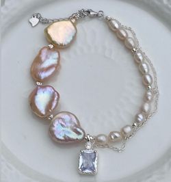 B60-Handmade High Quality Pink Petal Pearls And White Pearls S925 Bracelet