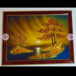 'Sunset' Oil Painting with Imbedded large Baltic Amber Stones vintage