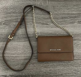 Michael Kors Jet Set Brown Leather Travel Large Phone Crossbody Purse