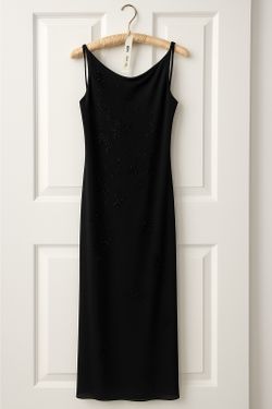 $65 OBO - Elegant Black Beaded Evening Gown, Floral Embroidery