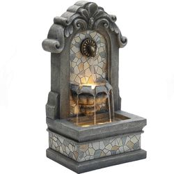 NEW - OUTDOOR/INDOOR LuxenHome 27" Gray Resin Mosaic Wall Freestanding Waterfall Fountain w/Lights