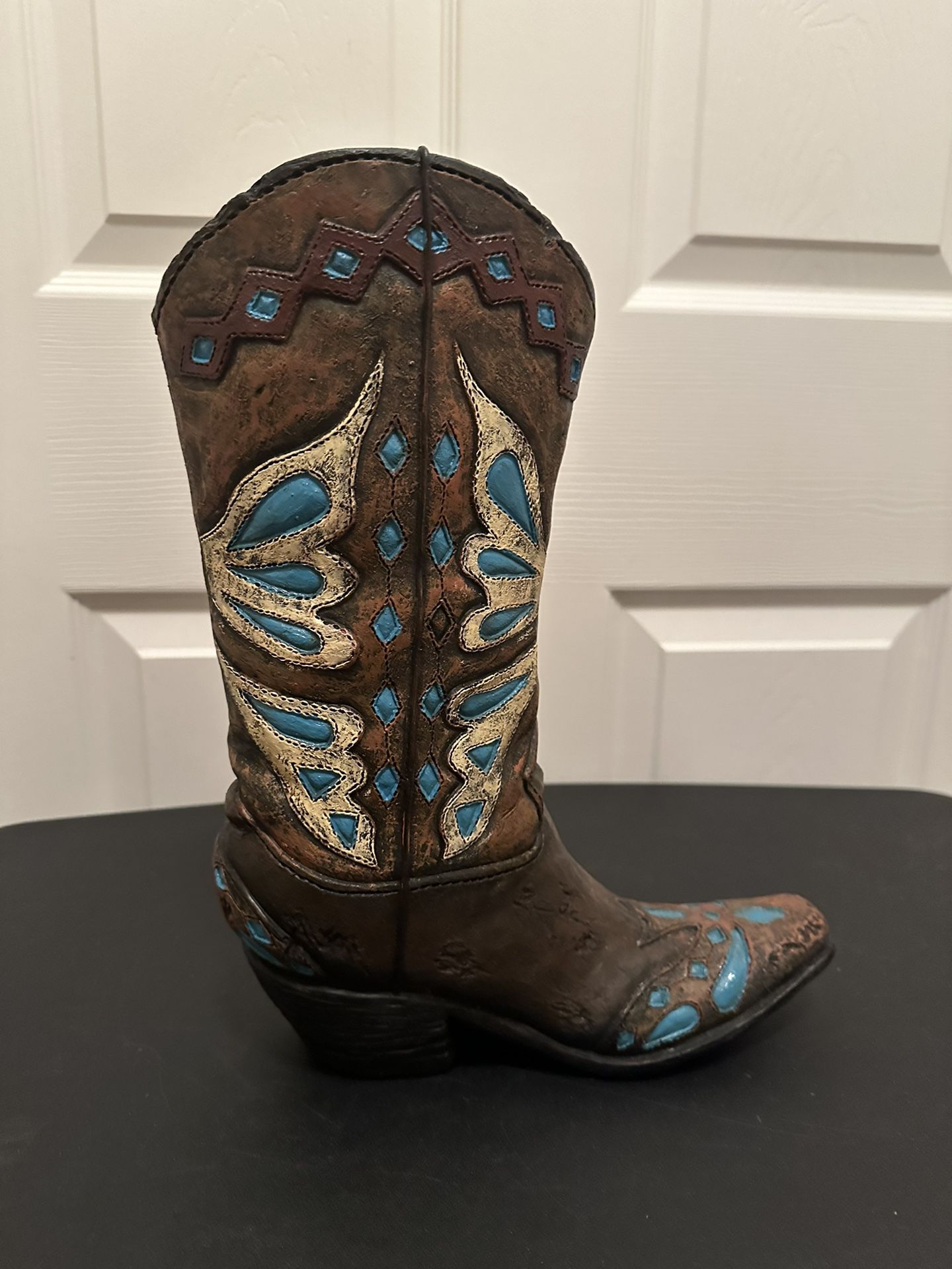 Turquoise Butterfly Design Cowboy Brown Boot Vase