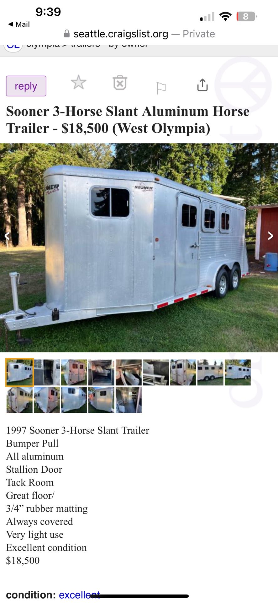 1997 Sooner 3-Horse Slant Trailer - $10,000