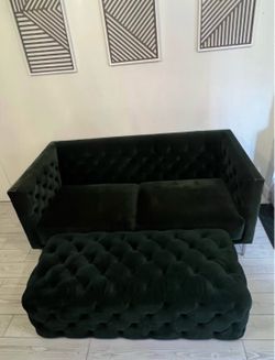 Green Velvet Tufted Sofa & Ottoman Set