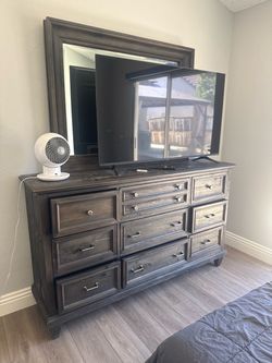 Dark Wood Dresser with Mirror ( color weathered charcoal)