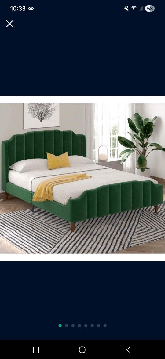 Queen Size Platform Bed Frame with Modern Curved Upholstered Wingback Headboard, Heavy Duty and Strong Wood Slat Support, Green