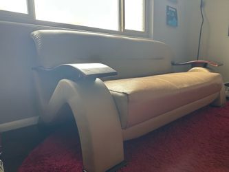Leather Couch with Wooden Curved Arms