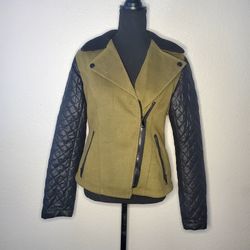 Jeans By Buffalo Green Jacket With Black Puff Sleeves Zip And Button Size:Medium
