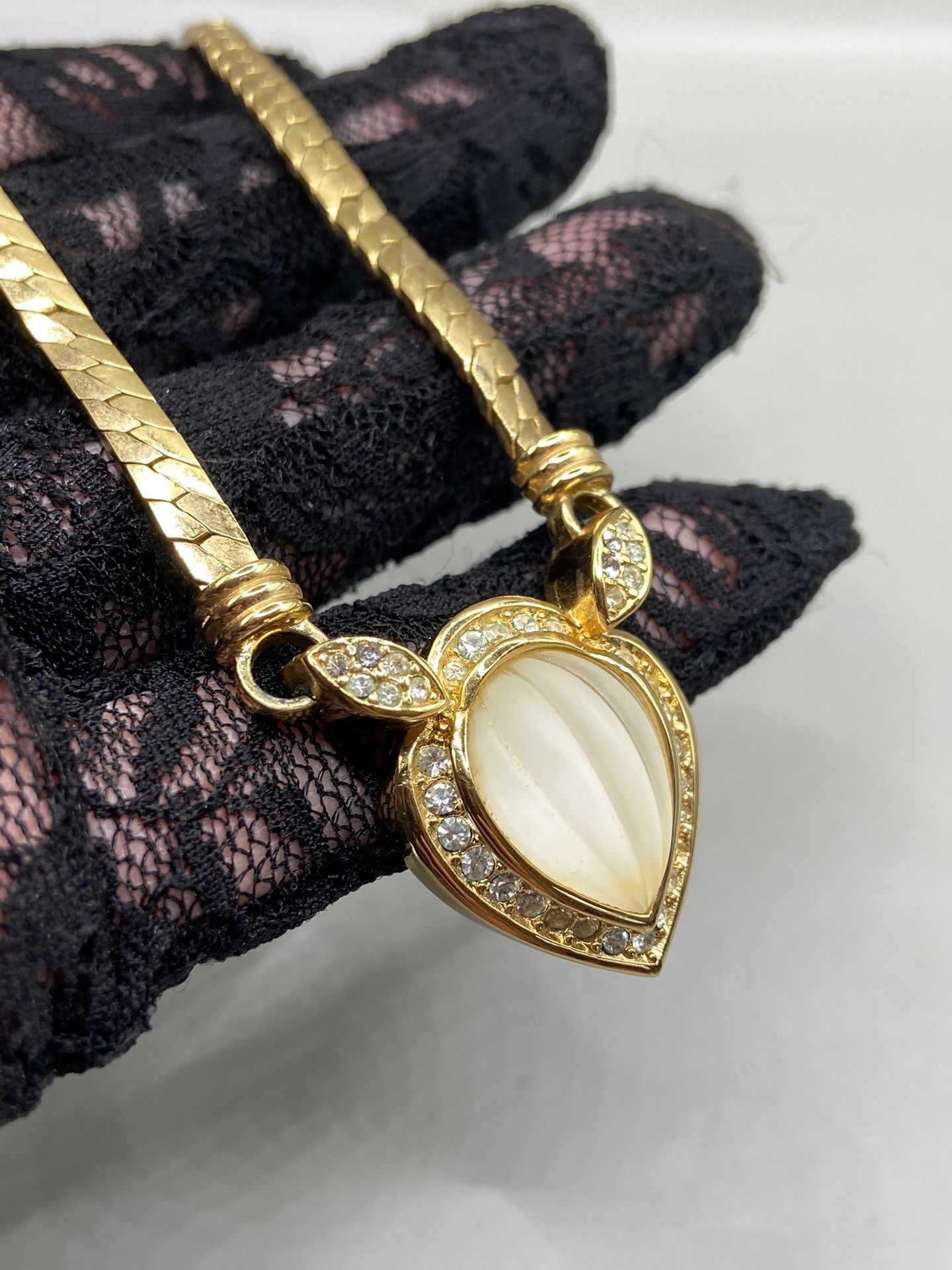 Vintage Christian Dior Carved Frosted Glass Gold Tone Necklace Pendant 