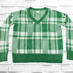 Christian Siriano New York Women’s XS Green & White Plaid V-Neck Sweater •Preppy