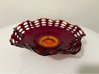Vintage Fenton Amberina Red Bowl Basket Weave Rim