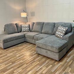 LH 👉$49 Down Payment  For Financing 👉 O'phannon Light Gray Fabric U Shaped Sectional Couch With Double Chaise 