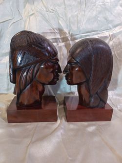 Rosewood Bookends depicting an Inca Couple Signed By Artist A. Franco 