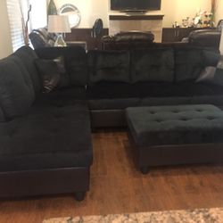 Midnight Black Microfiber Sectional Couch And Ottoman 