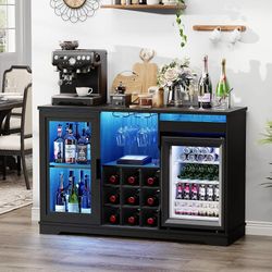 Large Coffee Bar Cabinets Liquor Wine Bar Cabinet with LED Lights, Glass Holder, Wine Rack, Human Body Sensor, Buffet Sideboard for Home, Black