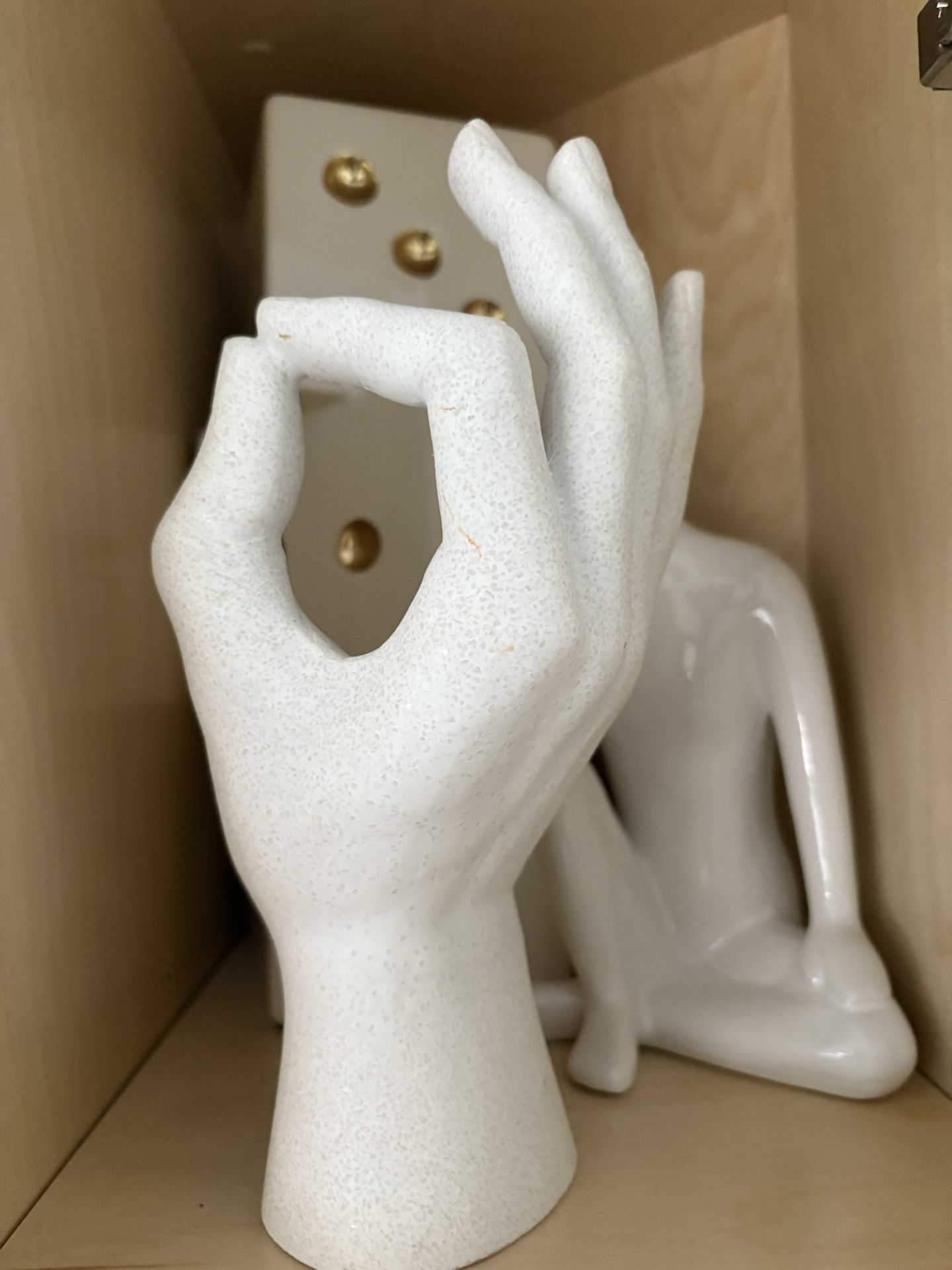 Very Heavy White Stone Like “A OK” HAND STATUE. Cool Z Gallerie Like Conversation Piece $35. Nude & Dice Statues Not Included But Also For Sale.
