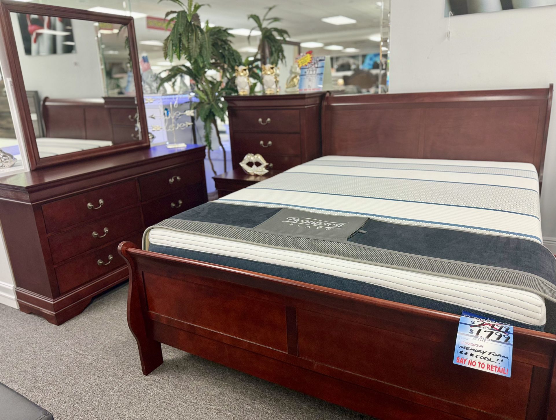 Bedroom Furniture Liquidation Sale🛑Gorgeous Cherry 5pc Bed Set Available Limited Time $499