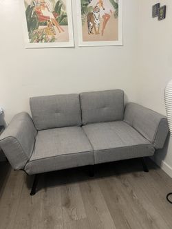 Two Person Loveseat Futon/ Twin Sofa Bed with Storage Pockets, Light Gray Linen