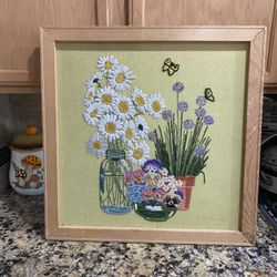 Large 1970s Completed Crewel Embroidery Artwork With Flowers and Butterflies Handmade Frame 