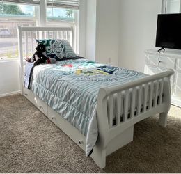 White Wood Sleigh Bed with Storage Drawers