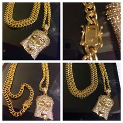 14K Gold Plated Miami Cuban With Swarovski Crystal Jesus