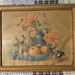 Antique Chromo Lithograph Fruit Bowl & Flowers Bowl Still Life in Original Frame