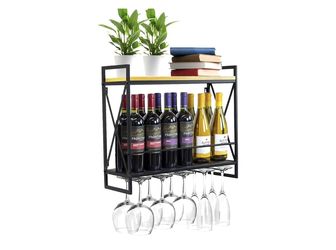 Wine Bottle Stemware Glass Rack, Industrial 2-Tier Wood Shelf, Wall Mounted Wine Racks with 5 Stem Glass Holders for Wine Glasses, Flutes, Mugs, Home 