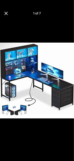63” L Shaped Gaming Desk with LED Lights & Drawers – Black – New