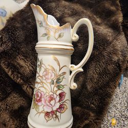Vintage Germany Porcelain Hand Painted Gold Accent 8 3/4"h Pitcher