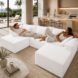 LIKIMIO LumiCord Modular Sectional Sofa with Ottoman, 118" L-Shaped Boneless Couch for Living Room, Oversized Deep Seat with Corduroy Upholstery, No A