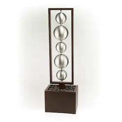55 in. Tall Outdoor Modern Column Statue Waterfall Fountain with Stainless Steel Orbs, Silver
