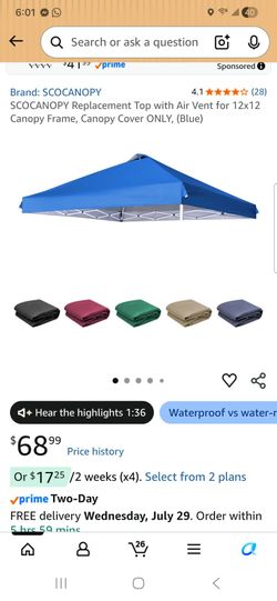 Replacement Top with Air Vent for 12x12 Canopy Frame, Canopy Cover ONLY, (Blue)