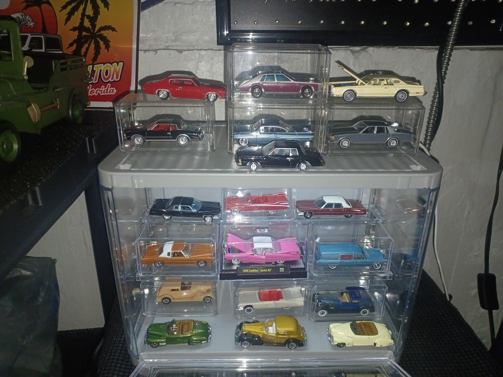Toy Cadillac & Chevy Collection In Lighted Display Case