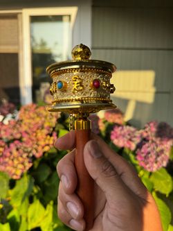Tibetan Buddhist Handheld Prayer Wheel with Wooden Handle