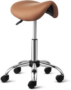 OmySalon Saddle Stool Rolling Chair, Brown